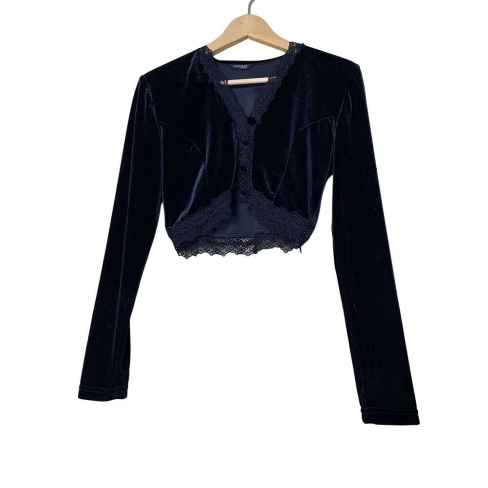 VTG Sagaie Paris Velvet Cropped Top Lace-Trim Black Whimsigoth Women’s Size 2